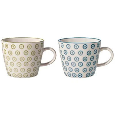 Imagen de BLOOMINGVILLE Tazas con Asas Isabella de café, té para la Oficina y el hogar ø 9,5 x H 8 cm, Verde Azul, Cerámica, Juego 2, Capacidad 280 ml