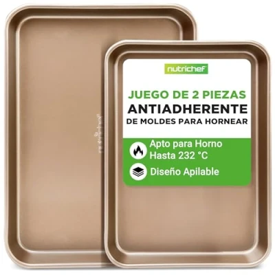 Imagen de NutriChef Juego de 2 bandejas horno antiadherentes calidad profesional para cocinar, antiadherentes, con revestimiento interior y exterior, 39 x 29 cm, color dorado champán