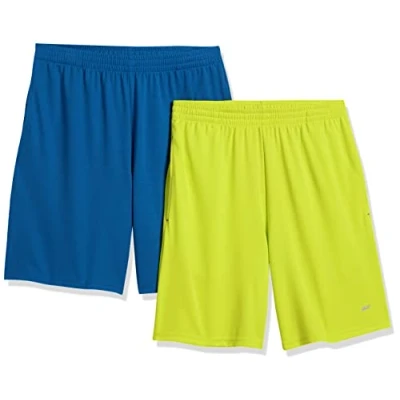 Imagen de Amazon Essentials Pantalón Corto Holgado, Ligero, Técnico y Deportivo (Disponible en Tallas Grandes Largos Especiales) Hombre, Pack de 2, Azul/Verde Lima Fluorescente, XL