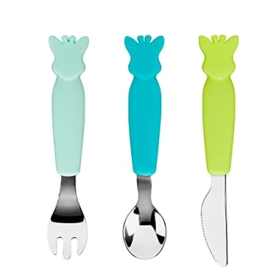 Imagen de Sophie la jirafa Juego de 3 cubiertos (tenedor, cuchillo tenedor y cuchara silicona, forma en las mangas, aprendiendo a comer como un gran