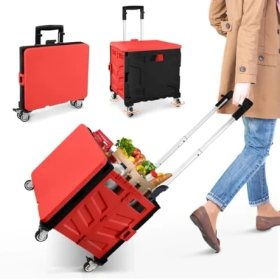 Imagen de Carro de la compra plegable, carrito transporte, hasta 50 kg, caja l, cesta con tapa, asa extensible aluminio, 4 ruedas metálicas giratorias 360, 103 x 43 38 cm
