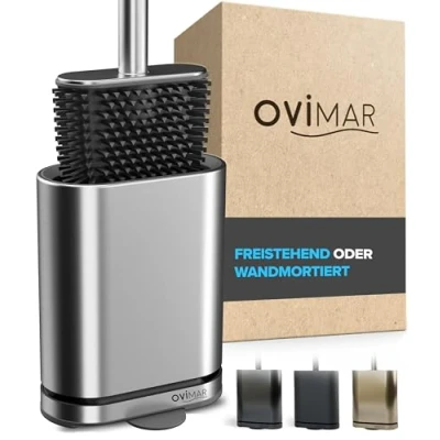 Imagen de ovimar Escobilla de baño Omofyr Plata silicona con ventilación Acero inoxidable Bandeja goteo extraíble Sólo 6 cm ancho Montaje pie o en p