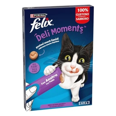 Imagen de Purina Felix DeliMoments, Snack líquido, Premio para Gato con Pato, 11 Paquetes de 4 Sobres 10g