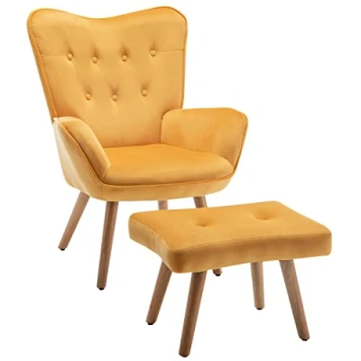 Imagen de HollyHOME Sillon con Reposapies para Salón Relax, Sillón de Lectura Silla Terciopelo Dormitorio Comodos Reposapiés, Amarillo