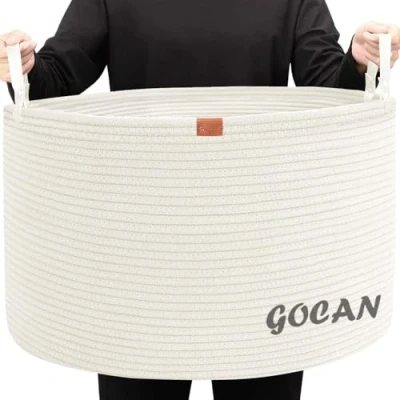 Imagen de GOCAN cesta de almacenamiento grande XXXL, ropa cuerda algodón para mantas, cojines en la sala estar, ropa, juguetes habitación los niños, blanco, 55 x 35 cm