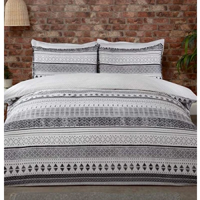 Imagen de Sleepdown Juego de Ropa Cama con Funda edredón y Fundas Almohada, diseño Rayas geométricas, Aztecas, Color Negro, Blanco Gris, Bohemio, Reversible, Suave fácil Cuidado, tamaño King