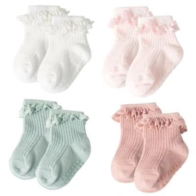 Imagen de DRESHOW Calcetines de Encaje para Bebés Antideslizantes con Volantes Recién Nacidos Niñas Vestir el Tobillo