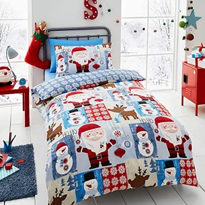 Imagen de Happy Linen Company Set de Fundas Infantiles para edredón Reversible Estampado Patchwork navideño Azul Funda Cama Individual