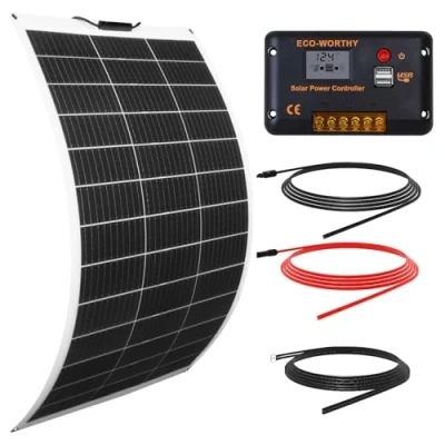 Imagen de ECO WORTHY Kit de panel solar flexible 130 W12 V, independiente la red: W + pantalla LCD 30 A, regulador carga PWM cable 5 m para caravanas, autocaravanas,