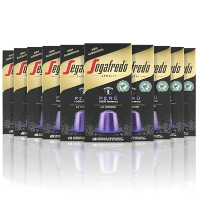 Imagen de Segafredo Zanetti 100 cápsulas de aluminio compatibles con Nespresso café 100% Perú, rico y aterciopelado (10 cajas 10 cápsulas) Aptas para cafeteras Original