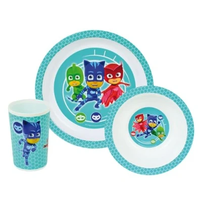 Imagen de FUN HOUSE 005559 PYJAMASQUES Vajilla infantil con 1 plato, cuenco y vaso de polipropileno (26,5 x 8,5 24,5 cm), color blanco