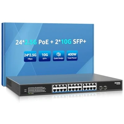 Imagen de 24 Port 2.5G PoE Switch Unmanaged with 2.5Gb Base T PoE+@400W + 2 x 10G SFP+ Uplink, NICGIGA 26 2.5Gbe IEEE802.3af/at Power Over Ethernet Switch, Support WiFi6 AP, NAS, 4K Camera NVR.