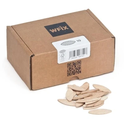 Imagen de tacos planos de WFix tamaño 10, 250 unidades haya maciza en cartón robusto, compatibles con la fresadora y laminillas, madera como Lamello