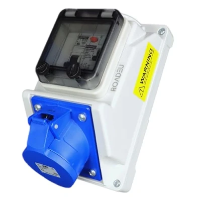Imagen de RoadEu Toma de pared combinada CEE 32A 3P, con interruptor automático e diferencial, protección IP54. Ideal como distribuidor para talleres, cobertizos o jardines.