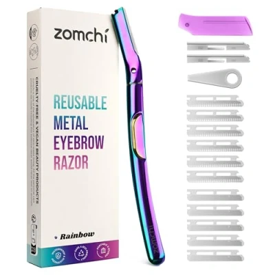 Imagen de ZOMCHI Cuchilla cejas para exfoliación facial con 10 recambios reemplazables, dermaplaning facial, afeitadora eliminar el vello mujeres y hombres (Arcoíris)