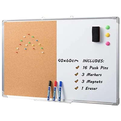 Imagen de DOEWORKS Pizarra Blanca Mixta Magnética y Corcho, Combinada Doble Uso, Tablero de Anuncios Magnético con Marco Aluminio, 90 * 60cm