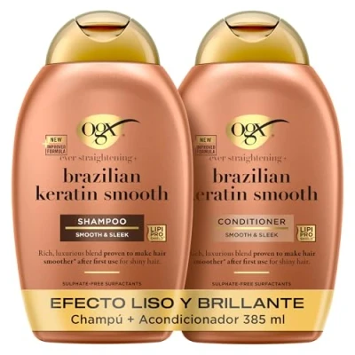 Imagen de OGX set Ever Straightening + Brazilian Keratin Smooth Shampoo y Conditioner, de champú acondicionador alisador con keratina, sin sulfatos, para pelo rizado, 2x385 ml