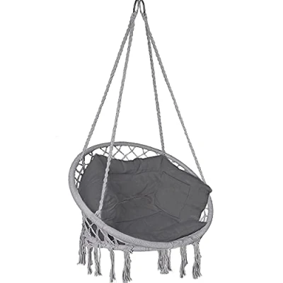 Imagen de VOUNOT Silla Colgante Exterior con Flecos, Hamaca Conjines y Kit de Suspensión, Ø80cm Columpio para Interior Exterior, Gris