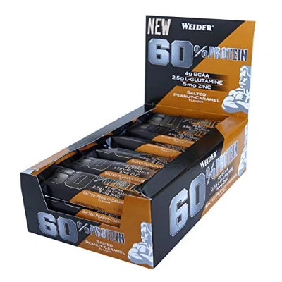 Imagen de Weider 60% Protein Bar Salted Peanut Caramel 24 x 45 gr. La barrita Con más proteína del mercado. 4 g de BCAAs por barrita.