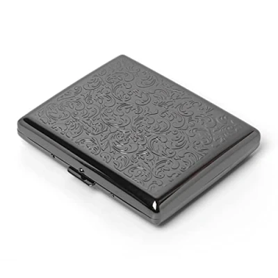 Imagen de caja de cigarrillos metal Damas y hombres, abierta con clip resorte doble cara portátil,con capacidad para 18 20 100 mm (Gun black)