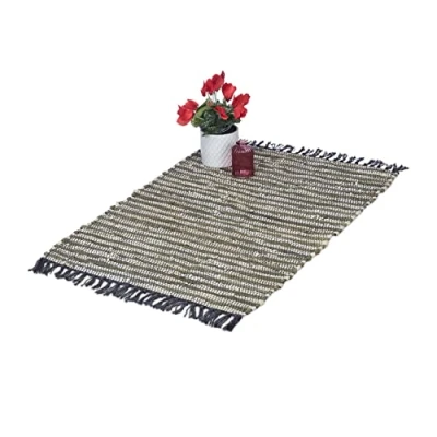 Imagen de Relaxdays Flickenteppich Alfombra de Algodón y Piel con Flecos, Hecha a Mano, Decorativa, Antideslizante, 60x100 cm, Verde Beige, 60x110 cm