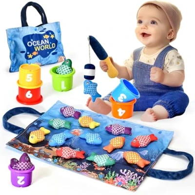 Imagen de Yitical Juguetes Niños 1 Año Montessori, 20 Piezas Juego Pesca de Tela con Taza Apilables, Almacén Bolsa, Educativos Bebes 6 12 Meses, Regalo Bebe 2