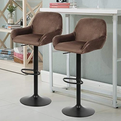Imagen de Juego de 2 taburetes bar terciopelo, patas metal, altura regulable, giratorios, diámetro 38 cm, del respaldo: 34 color marrón