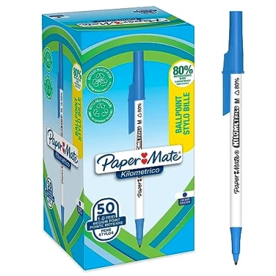 Imagen de Bolígrafos Paper Mate Kilométrico Escritura Larga con punta mediana (1,0mm) Tinta azul 80% plástico reciclado 50 unidades