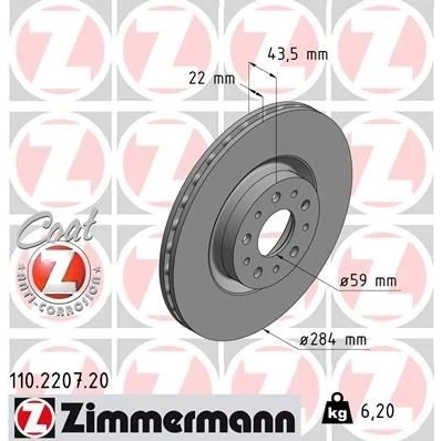 Imagen de ZIMMERMANN COAT Z 110.2207.20 Disco de freno 284 22 10/5 5 98 ventilación interna revestido ALFA ROMEO: 147, 156 Berlina, GT, FIAT: Tipo Familiar