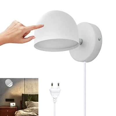 Imagen de 9W LED Aplique de Pared Interior Con Enchufe Lámpara Control Táctil Regulable 350 Giratorio Noche 3000K Blanco Cálido Ajustable Luz Lectura Para Salón, Dormitorio,Blanco