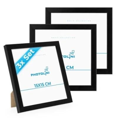 Imagen de PHOTOLINI marcos 15x15 cm negro madera MDF, set de 3 para pósteres, cristal acrílico, colgar y poner pie, incluye accesorios fotos, láminas pósteres