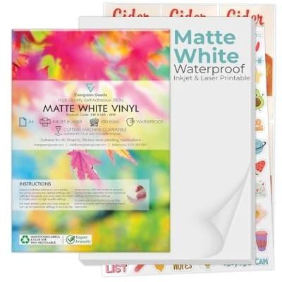 Imagen de Evergreen Goods 10 Hojas A4 de Vinilo Autoadhesivo Blanco Mate Impermeable en Blanco, Papel Adhesivo Imprimible Apto para Impresoras Inyección Tinta y Láser, Ideal Etiquetas Adhesivos