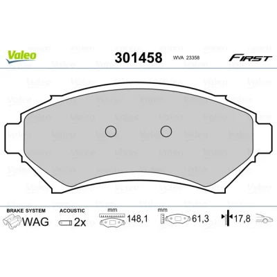 Imagen de VALEO 301458 Juego de pastillas freno FIRST Eje delantero con contacto avisador desgaste sin chapa antichirridos CHEVROLET: Trans Sport