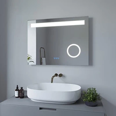 Imagen de AQUABATOS Espejo de baño con iluminación, 80 x 60 cm, Pared LED, Interruptor táctil, Regulable, Maquillaje, Blanco frío 6400 K, cálido 3000 calefacción Espejo, IP44,