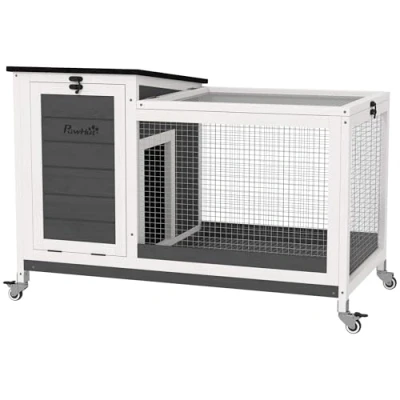 Imagen de PawHut Conejera de Madera con Ruedas Jaula para Conejos Techo Asfáltico Abatible Bandeja Desmontable y Ventana Móvil Exterior e Interior 91x51x66 cm Blanco Gris