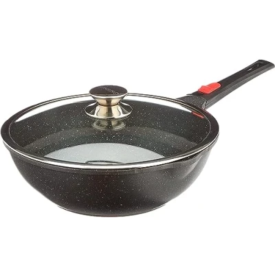 Imagen de KAMBERG 0008056 Wok, de 28 cm, mango desmontable, aluminio fundido con revestimiento piedra, tapa cristal, para todo tipo fuegos incluido el inducción, sin PFOA