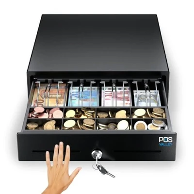 Imagen de POS VALLEY Mini Cajón Caja Registradora Pequeño, Apertura Manual Pulsando Panel Frontal y Llave, Inserto para Efectivo 4 Billetes 8 Monedas (Euro), 33x35 cm (Negro)