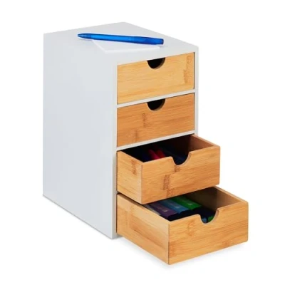 Imagen de Relaxdays Compartimentos Cajonera, 4 Cajones, Bambú, 27,5 x 16,5 21 cm, Organizador de Escritorio, Oficina y Despacho, Natural/Blanco, Tablero Fibras