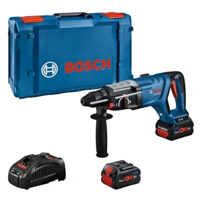 Imagen de Bosch Professional 18V System martillo perf bat GBH 28 D, KickBack Control, incl 2 baterías GBA 5 5Ah, cargador GAL 1880, paño limpieza, empuñadura auxiliar, calibre profundidad