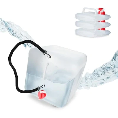 Imagen de Relaxdays Faltbarer Wasserkanister 4er Set 20 l Pack 4 Bidones Plegables, Garrafas Agua Grifo y Correa, Depósitos Líquidos sin BPA, Transparente/Rojo, Gomaespuma
