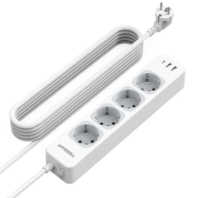 Imagen de TESSAN Regletas Enchufes con USB C y A, 7 en 1 5 Metros, Ladron de 4 Tomas, Enchufe Interruptor, 3600W Toma Alargador Pared, Blanco Multiple