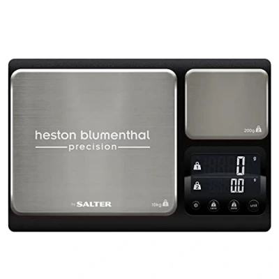 Imagen de Salter 1049A HBBKDR Báscula De Cocina Digital Acero Inoxidable Con Doble Plataforma La Colección Heston Blumenthal, Peso Max 200 g, Función Aquatronic, Fácil Leer, Precisión, Gris/Negro