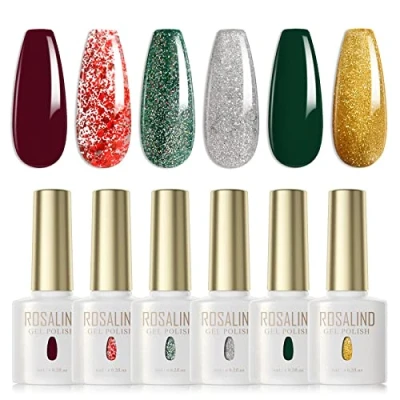 Imagen de ROSALIND Esmaltes Semipermanentes Navidad Rojo Oscuro Verde Brillo Plata Oro 6Pcs Kit Pintauñas Uñas de Gel UV LED en Nail Polish Glitter Colores