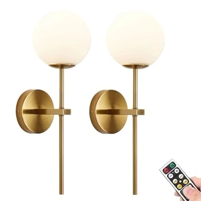 Imagen de KEFA Juego de 2 apliques pared dorados que funcionan con pilas, pantalla cristal globo moderna, iluminación latón sin cableado, luces regulables alimentadas por cable,