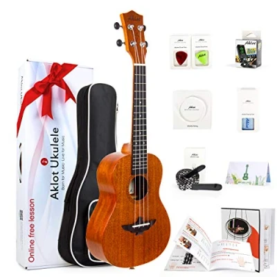 Imagen de Aklot Concierto Ukelele de 23 Pulgadas Caoba Maciza Ukeleles Para Principiantes Profesionales Con Curso en línea gratuito y 8 Kit inicio