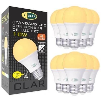 Imagen de CLAR Bombilla Sensor Crepuscular 10W, exterior, con Crepuscular, Noche y Dia, Luz Cálida (Pack 10)