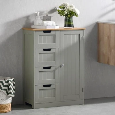 Imagen de Bath Vida Priano Armario de baño Madera con 4 cajones y 1 Puerta, ingeniería, Gris Roble, 30D x 60W 81H centimetres