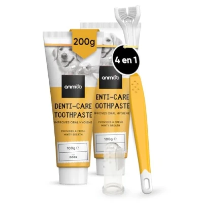 Imagen de Pasta de Dientes para Perros 2 Unidades 100gr con Cepillo Dental Triple Cabezal y Dedo Kit Higiene Bucal Eliminar Sarro Mal Aliento Canino, Sabor Natural a Menta Todas Las Razas