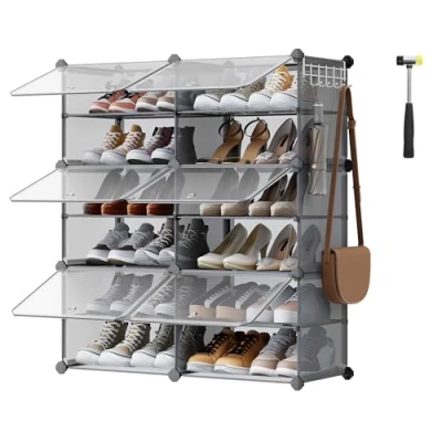 Imagen de SONGMICS Mueble Zapatero Plástico, 6 Compartimentos, Modular, Estantería Modular de 30 x 40 cm Cada Cubo, con Puerta, Marco Acero, Panele Gris Pizarra LPC033G01