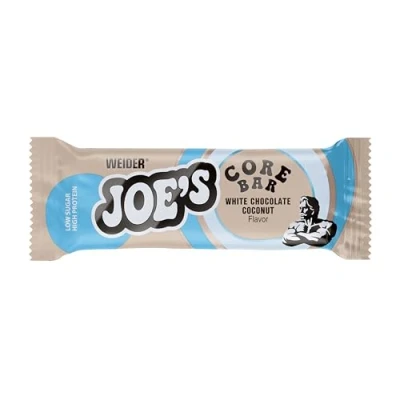 Imagen de WEIDER Joe&#039;s Core Bar Barrita proteica con textura suave y cobertura de Chocolate leche/blanco, más 31% proteínas, bajo en azúcar, Sabor Blanco Coco, 12 x 45 g